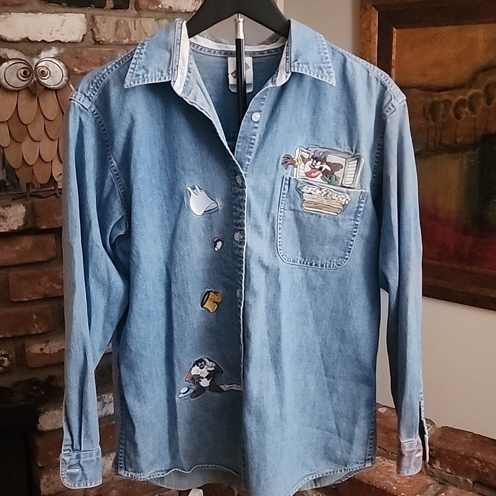 Vintage Looney Tunes Taz Denim Shirt 90s Y2K Embroidered Button Up